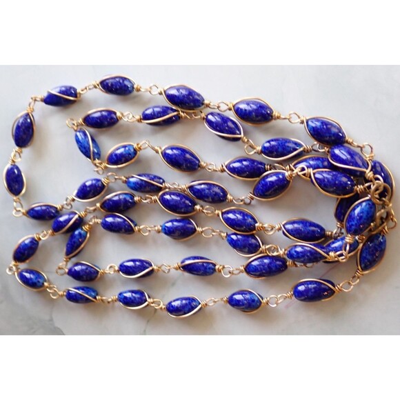 Lapis Lazuli Bead Copper Wire Wrapped Chain Link Long Single Strand Necklace 48" - Picture 6 of 14